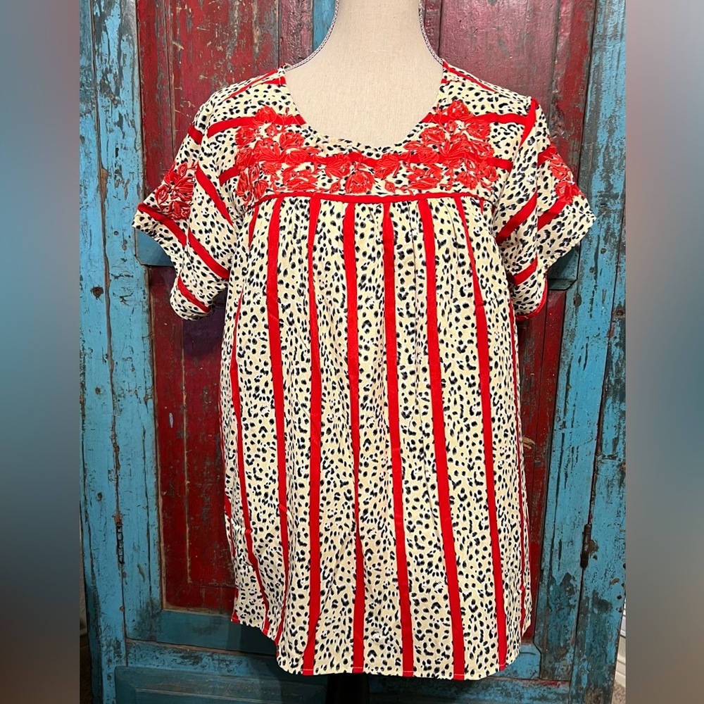 NWOT See and Be Seen M Red Embroidered  Striped, khaki w/ B & W spots